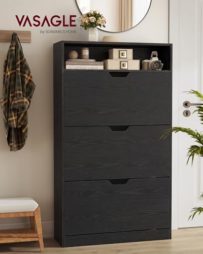 VASAGLE Custos Collection - Shoe Cabinet, Shoe Organizer, Open Compartment, Adjustable and Removable Dividers, 3 Flip Drawers, 9.4 x 31.5 x 54.5 Inches, for 21-24 Pairs, Ebony Black ULBC043BC01 - color: Ebony Black, size: 9.4"D x 31.5"W x 54.5"H, style: s