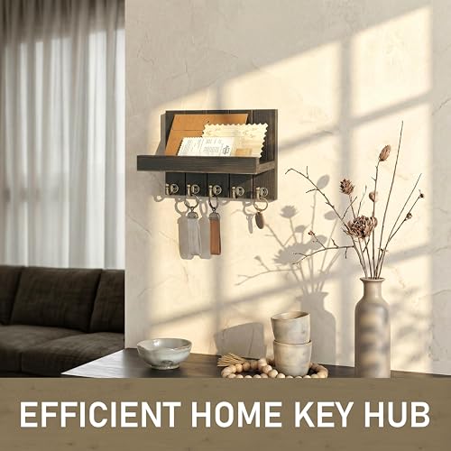 Rebee Vision Pine Wood Key Holder Wall Mount with Floating Shelf – Farmhouse Key Holder for Wall to Maximize Storage Solutions – Mail Organizer for Office Decor (3.54" x 10" x 7.28", Distressed Black) - color: Distressed Black, size: 10 Inch