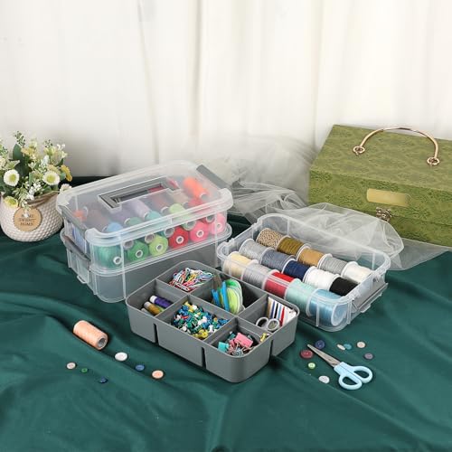 JUXYES 2 Pack 3-Tiers Stack Carry Storage Box With Divided Tray, Transparent Stackable Storage Bin With Handle Lid Latching Storage Container for School & Office Supplies, Dark Gray - color: Gray