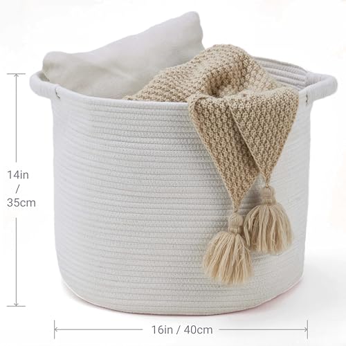 Blanket Basket - Woven Round Rope Storage Basket (16" Wx14 H) for Blankets & Throws, Small Laundry & Toy Organizer, Decorative Living Room & Bedroom Cotton Basket - All White - color: All White, size: Regular-16"Wx14"H