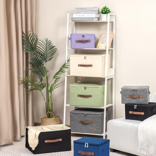 Storage Bins with Zipper Lid Foldable Fabric Lidded Storage Boxes Baskets Cubes Washable Collapsible PU Leather Handle Cotton Linen Shelves Closet Organizer Container(Purple, Large Size) - color: Purple, size: Large ( Set of 1 )