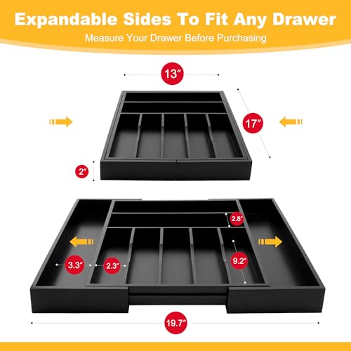 Large Premium Bamboo Silverware Organizer - Expandable Drawer Organizer & Utensil Organizer - 17"x19.7" Cutlery Tray with Dividers for Kitchen Utensils and Flatware (7-9 Slots) (Black) - color: Black, size: 9 Slots Expandable
