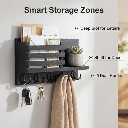 Wall Key and Mail Holder, Mail Organizer with 5 Metal Key Hooks, Selected Tung Wood, 11.8 x 6.7 inches, Includes mounting Hardware (Black) - color: Black