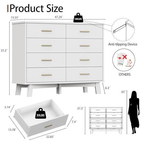 Xixini Dresser for Bedroom, 8 Drawer Wide Modern Chest of Drawers with X-Shaped Sturdy Base, Wood Double Dresser Closet Clothes Storage Organizer, Wooden TV Stand for Living Room, Hallway, White - color: White, size: 15.6"D x 47.2"W x 37.2"H (8 Drawers)