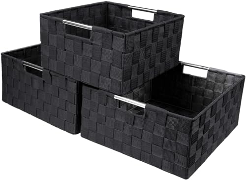 Sorbus Storage Box Woven Basket Bin Container Tote Cube Organizer Set Stackable Storage Basket Woven Strap Shelf Organizer Built-In Carry Handles (Black) - color: Black