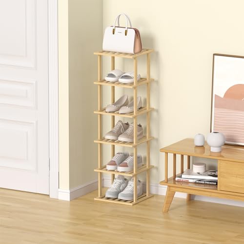 SHIISEWE Bamboo Shoe Rack - Vertical Skinny Shoe Shelf Space Saving Storage, Front Door Entrance Closet Corner Garage - color: Bamboo Yellow
