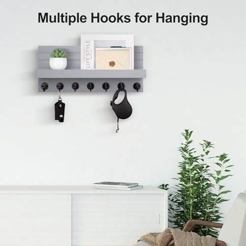Lwenki Key Holder Wall Mount, Entryway Key and Mail Holder with 7 Sturdy Hooks for Sunglasses, Dog Leash, Decorative Wall Shelf with Mounting Hardware, 15”W x 6.7”H x 4.2”D (Gray) - color: Gray