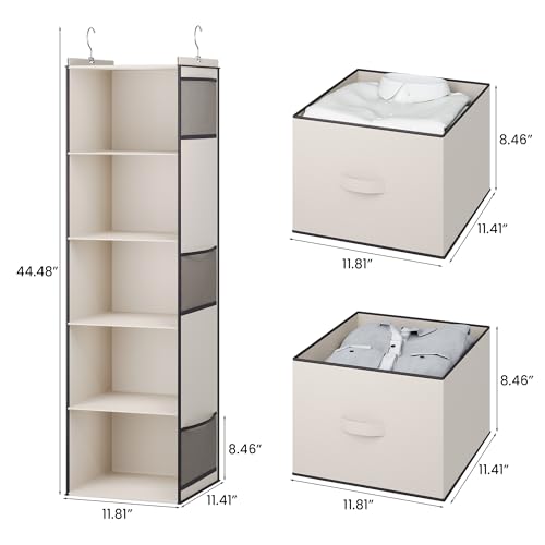 YOUDENOVA Hanging Closet Organizer, 5 Tier Hanging Closet Shelves with 6 Side Pockets and 2 Drawers, Beige - color: Beige