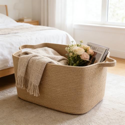 Large Blanket Basket,Woven Rope Basket Storage Bin with Handles,65L Rectangle Laundry Basket for Magazines,Toys,Clothes,Newspaper Shelf Organization,Nursery and Living Room,Jute - color: Jute, size: 21"x16"x12"(65L)