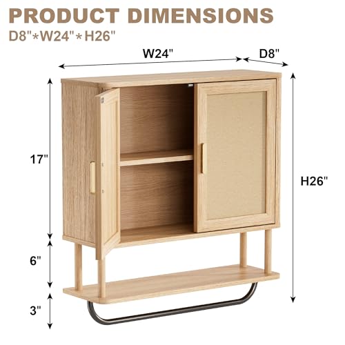 INNOD Rattan Bathroom Wall Cabinet with Towel Bar, Wall-Mounted Medicine Cabinet with Adjustable Wood Shelf & Doors, Over the Toilet Storage Cabinet for Laundry Room & Kitchen & Living Room - color: Rubberwood