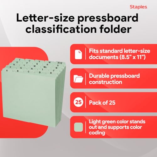 Staples A–Z Index File Guides, Letter Size, Light Green, Durable Alphabetical Filing Tabs for Drawers, Cabinets & Office Organization – 25/Set