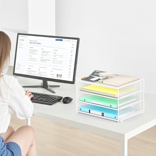 Lavatino 3-Tier Letter Tray Desk Paper Organizer – White Mesh Metal File Tray Organizer for Desk, Office Supplies & Home Organization | Fits A4/Letter Paper, Mail, Magazines and Office Accessories - color: 4-tier No Handle - White