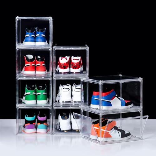 12 Pack Shoe Boxes, Clear Acrylic Stackable Plastic Sneaker Box Container, Magnetic Drop & Side Open Shoe Organizer Case Container With Lids Fits Up to Size 15(Transparency) - color: Transparency