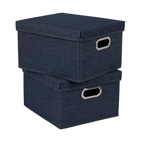 Household Essentials Collapsible Cotton Blend Storage Box with Lid and Metal Grommet Handle, Set of 2, Denim - color: Denim, size: 2 Count