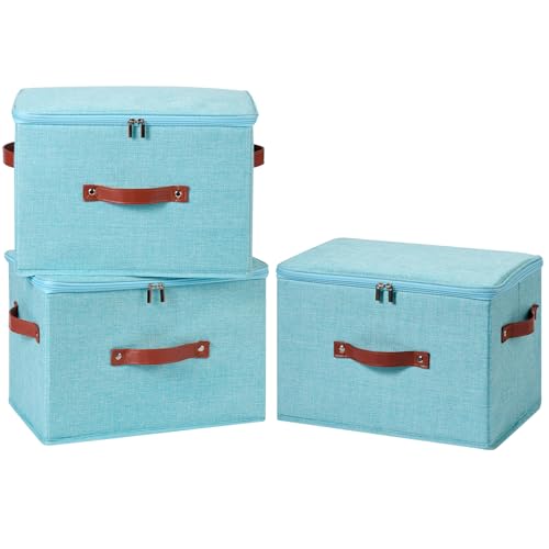 3PCS Storage Bins Boxes with Zippered Lids Cotton Linen Fabric Decorative Basket PU Leather Handles PP Plastic Board Foldable Lidded Clothing Shelf Closet Organizer Container (Blue, Large) - color: Blue, size: Large ( Pack of 3 )