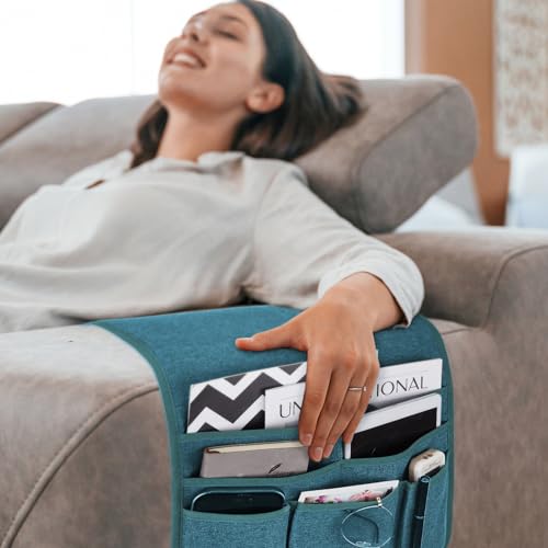 Teniux Remote Control Holder Armchair Caddy for Recliner Couch, Non-Slip Armrest Organizer with 5 Pockets for Magazine, Tablet, Phone, iPad (Teal) - color: Color H- Teal