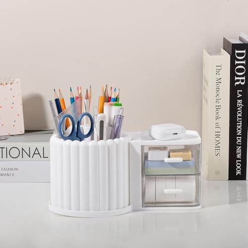 Anyoifax 360° Rotating Pen Holder 7 Slots Desk Organizer with Drawer Removable Pencil Cup Plastic Art Supplies and Accessories Desktop Storage Box Caddy for Office, School, Home (White) - style: White+Drawer