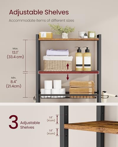 VASAGLE Over the Toilet Storage, Over Toilet Bathroom Organizer with Adjustable Shelves and Basket, 3 Hooks, Space Saving, 9.4 x 23.6 x 63 Inches, Rustic Brown UBTS113KD01S - color: Rustic Brown, style: 3 Tiers (63" H)