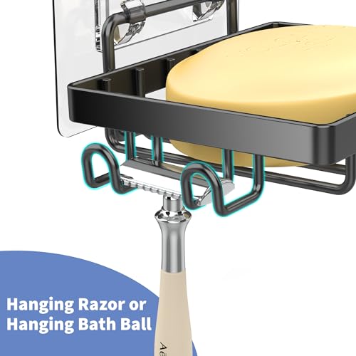 Moforoco Black Soap Dish, Soap Bar Holder for Shower, No Drilling Bathroom Accessories, Wall Mounted Soap Holder with Hooks, Shower Rack Tray Bar for Suitable for Bathroom, Kitchen Sink - color: Black, size: 1-T