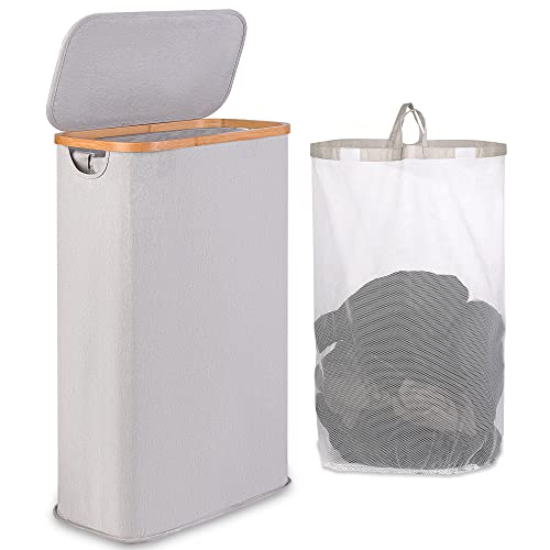 65L Slim Laundry Hamper, Narrow Laundry Basket with Lid,Foldable Clothes Hamper with Bamboo Handles,Hamper Basket with Removable Inner Bag for Laundry Room Bedroom College Dorm,17.17 Gals（Light Grey） - color: Light Grey, size: 65L