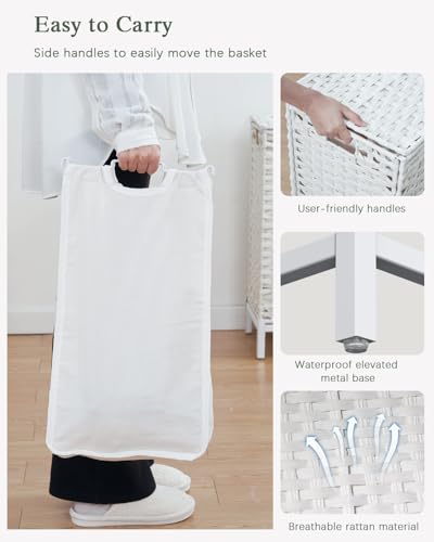 SETVSON Laundry Hamper with Lid,112 L Handwoven Rattan Wicker Laundry Basket, 2 Removable Liner Bags Metal Heightened Feet,6 Mesh Bags,2 Section Large Clothes Hamper for Bathroom Bedroom, Cloud White - color: Cloud White, size: 112 L - 29.6 gal