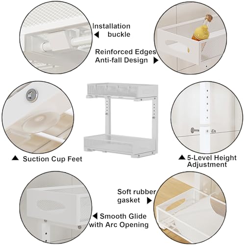 2 Pack Under Sink Pull Out Organizer, 2-Tier Adjustable Height Carbon Steel Storage Rack for Kitchen and Bathroom Cabinet, White - color: White