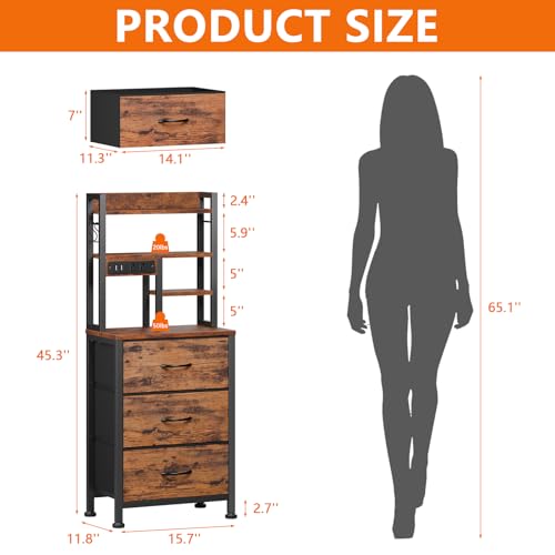 Furnulem Tall Night Stand with LED & USB Ports, 45.3inch Nightstand with Open Bookshelf, Bedside Table with 3 Fabric Drawers for Bedroom/Dorm/Office, Rustic Brown Wood-Metal Frame - color: Rustic Brown, size: 3 Drawer