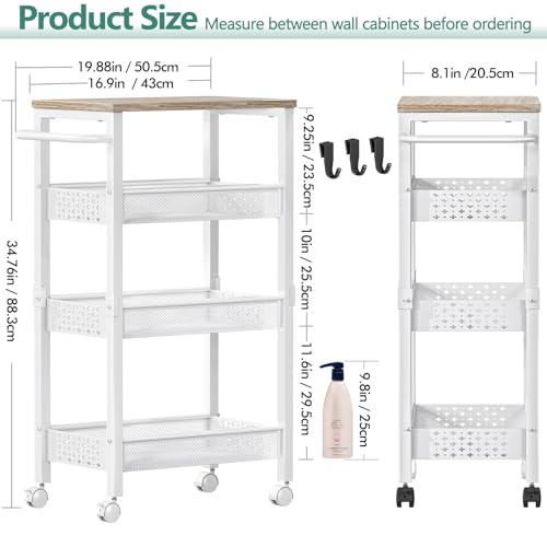Vivihomety Utility Slim Storage Cart with Wheels, 4 Tier Small Rolling Cart with Wood Top, Metal Kitchen Bathroom Laundry Room Organization Trolley with Handle for Narrow Space - White - color: White, size: 8.1 inch wide