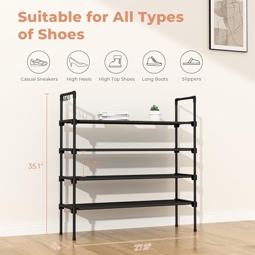 LANTEFUL 4 Tier Shoe Rack for Closet Shoe Organizer with 5 Hooks, Long Shoe Shelf Storage for Shoe and Boot Stackable Free Standing Shoe Rack for Entryway, Garage, Small Spaces, Dorm, Black - color: Black, size: 27.8"W - 4 Tier
