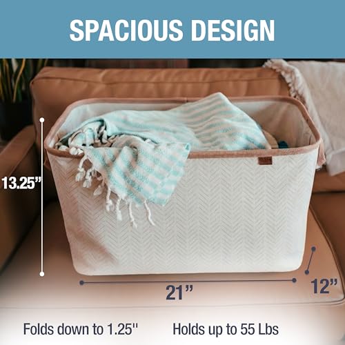 CleverMade Collapsible Laundry Basket LUXE 2 Pack – 60 L (16 Gal) Foldable Cotton Blend Clothes Hamper with Vegan Leather Accents, Reinforced Handles, Space Saving Laundry Bin Holds 55 lbs - Cream - color: Cream Herringbone