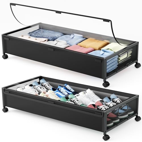 Under Bed Storage Containers with Wheels 2 Pack Underbed Shoe Storage Bedroom Storage Bins Organizer Large Capacity Under Bed Storage with Lid for Clothes Shoes Toys Blankets (Black) - color: Black, size: 2pcs