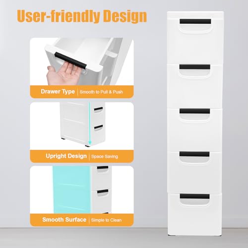 5 Drawers Stackable Storage Drawers Plastic Storage Drawers Collapsible Storage Bins Plastic Clothes Organizer Drawers Storage for Living Room,Bedroom,Office (White, 7.87" W) - color: White, size: 7.87" W
