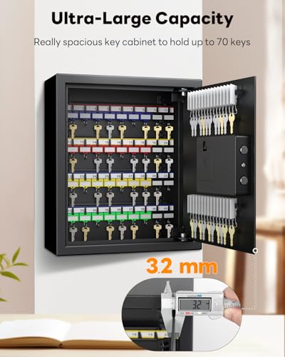 Uniclife 70 Position Key Cabinet with Combination & Key Lock Wall Mounted Security Keys Safe Key Organizer Black Digital with Keypad Adjustable Racks Key Tags & Permanent Pen (Batteries Not Included) - style: Electronic Digital Lock