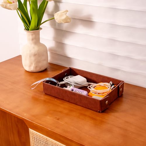 SANQIANWAN PU Leather Valet Tray Small NightStand Bedside Entry Table Trya for Phone Jewelry Glasses Keys and Coins Father's Day Birthday Gifts (Brown) - color: Brown