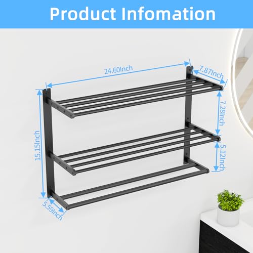 Towel Racks for Bathroom 24 Inch, 3 Tier Towel Shelf with Double Towel Bar, Wall Mounted Towel Rack SUS 304 Stainless Steel, Towel Storage for Bathroom Lavatory, Black - color: Black, size: 3-Tier