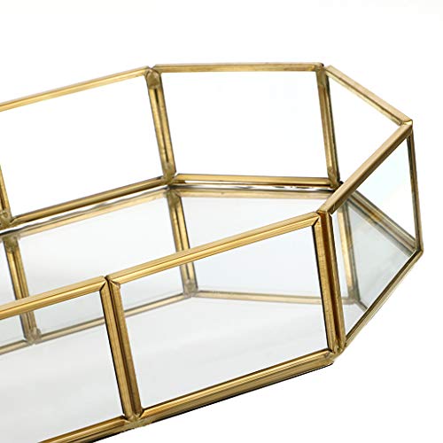 Hipiwe Mirror Glass Vanity Tray - Gold Ornate Makeup Tray Vintage Octagonal Perfume Tray Dresser Trays Jewelry Trinket Organizer for Bathroom Storage Trays for Home Decor - size: 8" x 5.7" x 1.8"