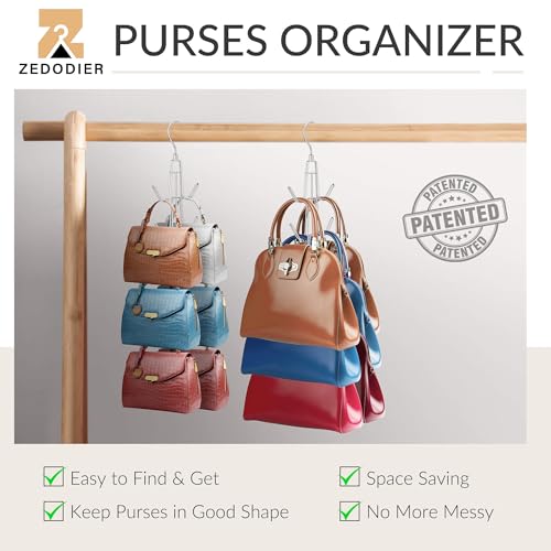ZEDODIER 3 Pack Purse Organizer for Closet, Heavy-Duty Hanging Purse Hanger Closet Holds Up to 18 Purses, Metal Rotating Space Saving Bag Holder Handbag Storage Hook Backpack Rack, Silver - color: Silver, size: 3 Pack