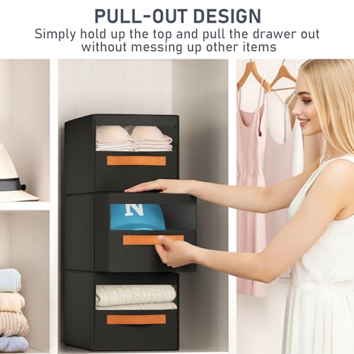 DIMJ Closet Organizers and Storage - Fabric Bins with Drawers for Closet Foldable Clothes Organizers with Clear Window, Stackable Storage Drawers Units for Hat, 4-Pack, Black - color: Black, size: ML - 4 Pack