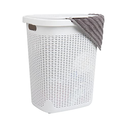 Mind Reader Slim Laundry Hamper with Lid, 50L Clothes Basket, Premium Wicker Design, Plastic, White - color: White