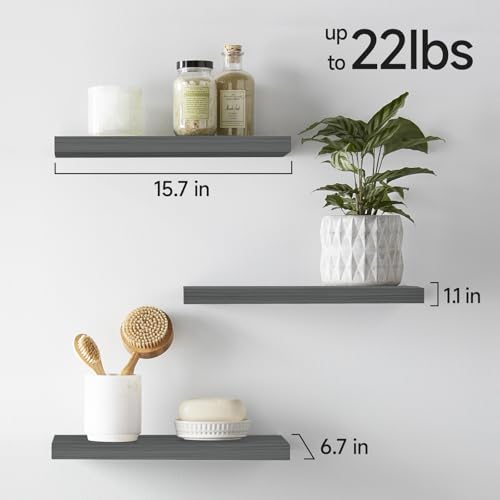 BAYKA Grey Floating Shelves for Wall, Set of 3, Wall Mounted Rustic Wood Shelves for Bathroom, Bedroom, Living Room, Kitchen, Small Hanging Shelf for Books/Storage/Room Decor, 15.7in - color: F. Grey - Industrial Edge Style, size: 15.7inches