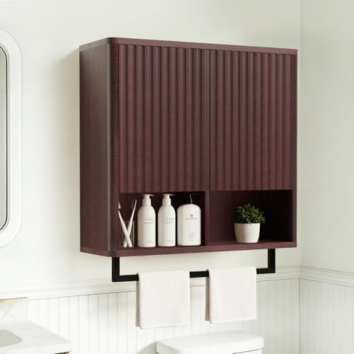 Bathroom Wall Storage Cabinet, Over The Toilet Medicine Cabinet, Hidden Storage & Open Shelves, Small 2-Door Multi-Functional Bathroom Organizer with Towel Bar for Bathroom & Kitchen - color: Dark Mahogany Brown