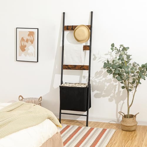 HOOBRO Blanket Ladder with Basket, 17.3”L x 63.4”H, Towel Rack with Hooks, Blanket Holder Rack, Decorative Ladder Shelf, Drying and Display Rack for Bathroom, Living Room, Rustic Brown BF31CJ01 - color: Rustic Brown
