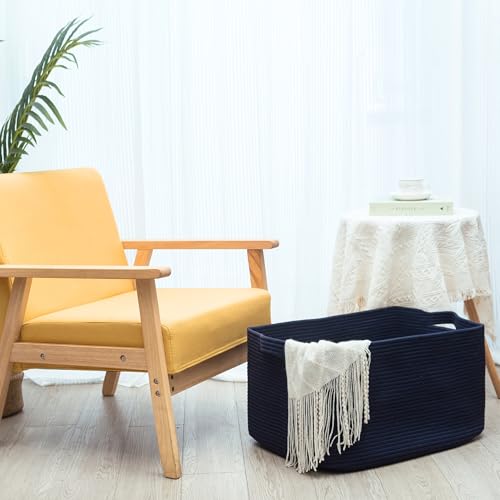 MINTWOOD Design 22in Extra Large Blanket Basket Holder Living Room, Rectangle Rope Woven Storage Basket with Handles for Laundry, Pool Towels, and Shoes, Dog Toy Organizer Bin Box, Full Navy - color: Full Navy Blue