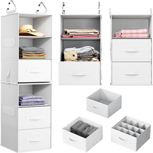 Pipishell 6-Shelf Hanging Closet Organizer with 2 Separable 3-Tier Shelves, 3 Drawers & Side Pockets Closet Organizers and Storage for Wardrobe Organization and Nursery Clothes Organizer, White - color: White