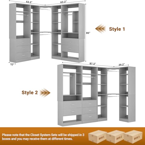 Besiost Corner Closet System with 5 Drawers, Closet Organizer System with 15+Shelvess & 4 Hanging Rods, 63.2"L * 63.2"W / 87.2"L * 39.2"W Reversible L Shaped Walk-in Closets, Load 2500+LBS, Grey - color: Grey, size: 63.2" * 63.2"
