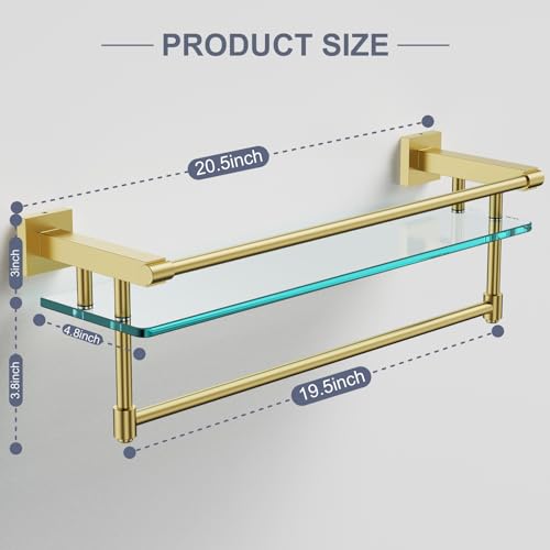Bathroom Glass Shelf with Towel Rack Organizer Wall-Mounted Bathroom Storage SUS304 Stainless Steel Track Wall-Mounted Tempered Glass Stainless Steel Shelf (Brushed Gold, 20-inch) - color: Brushed Gold, size: 20-inch with Railing