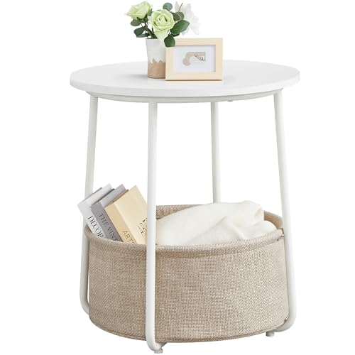 VASAGLE LILEA Collection - Small Round Side End Table, Modern Nightstand with Fabric Basket, Matte White and Camel Brown ULET223W10 - color: Matte White + Camel Brown, size: Round + 1 pack