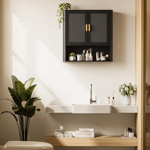 INNOD Bathroom Wall Cabinet, Wall-Mounted Medicine Cabinet with Adjustable Wood Shelf & Doors, Floating Bathroom Cabinet Over Toilet for Laundry Room & Kitchen & Living Room (Black) - color: Black