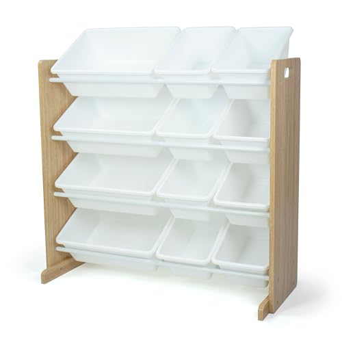 Humble Crew Toy Storage Organizer with 12 Removable Storage Bins for Kids Playroom, 4-Tier Toddler Toy Organization, Natural Wood/White - color: Natural Wood/White