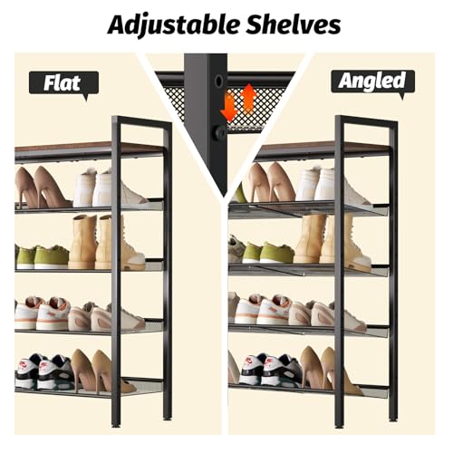WIN4ALL Shoe Rack for Front Door Entrance, 5 Tier Shoe Rack for Entryway, 16-20 Pairs of Shoes, Metal Shoe Rack Organizer, Free Standing Shoe Rack for Closet (Black+Rustic Brown) - size: 5 Tier (11.81"D x 29.33"W x 38.18"H)